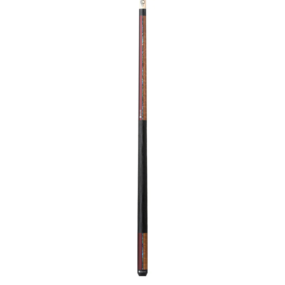 Lucasi Custom Duo Garnet Red/Exotic Apitong Cue With Embossed Leather Wrap