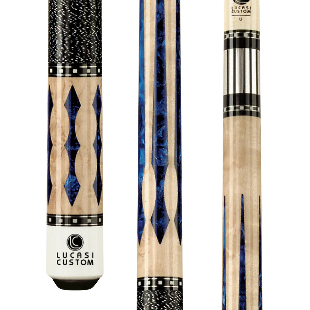 Lucasi Custom Natural Birdseye/Blue Luster Cue With Black & White Linen Wrap